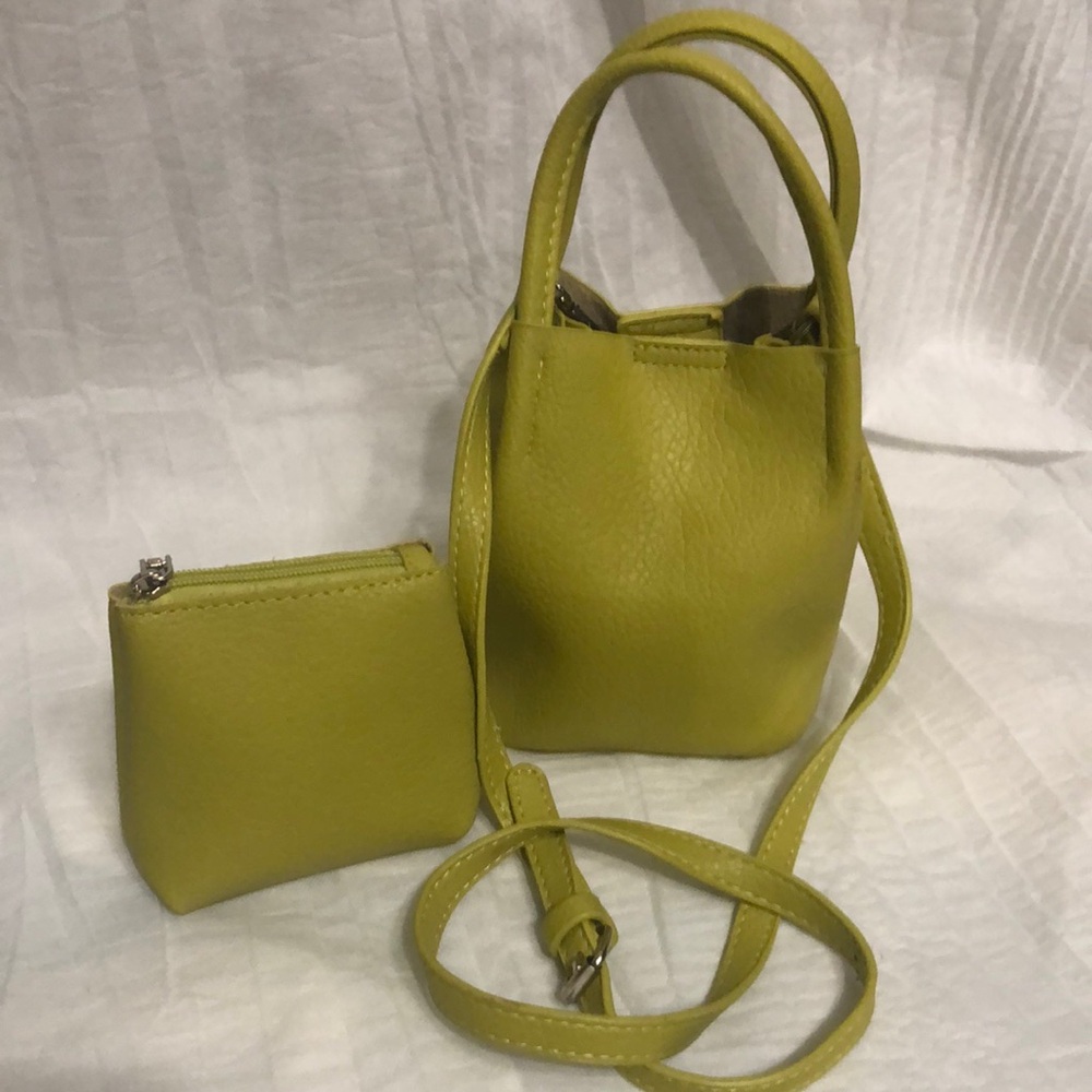 Mini Crossbody Bucket Bag 
 with Pouch - Removable Strap - Lime Green